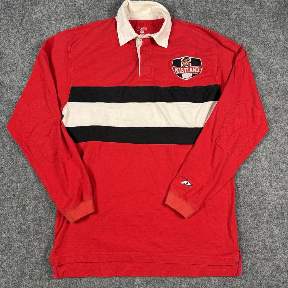 🐢 Maryland Terrapins Pro Player Rugby Polo Shirt Mens Medium Red Long Sleeve